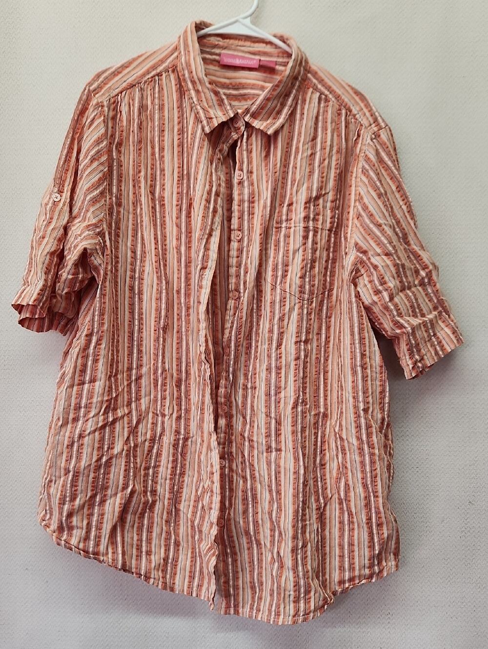🚨2/Woman Within Men's Short-Sleeve Button-Down Shirt in Peach and Cream Stripes